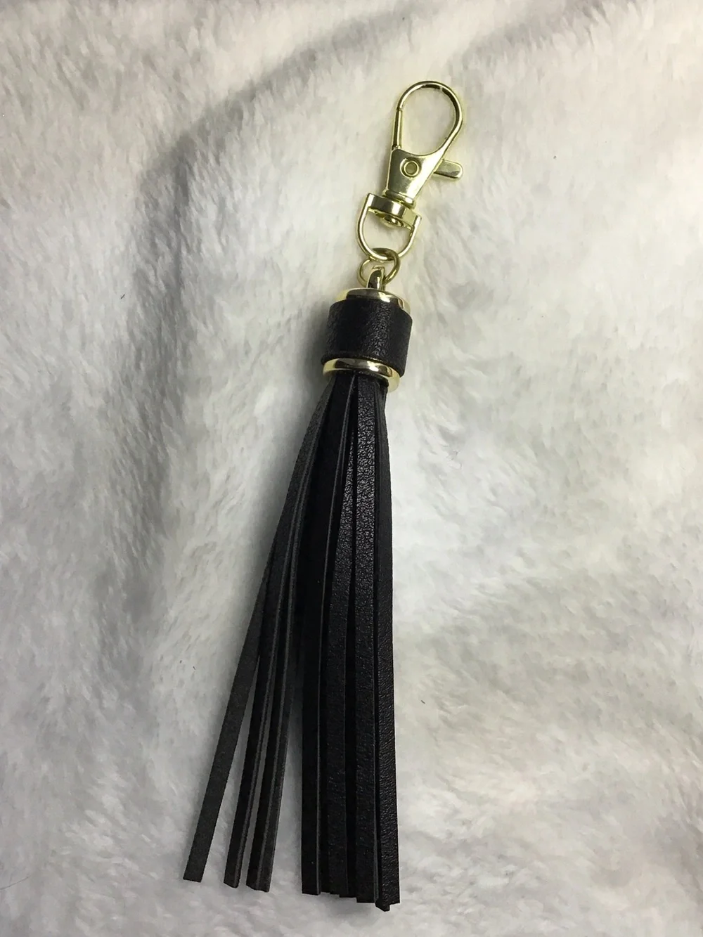Black Leather Tassel Keychain with Gold Hardware